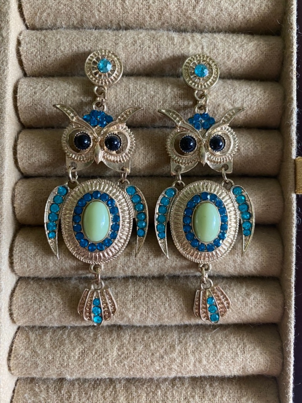 Betsey Johnson Gold-Tone Owl Drop Earrings with Turquoise & Pale Green Accents